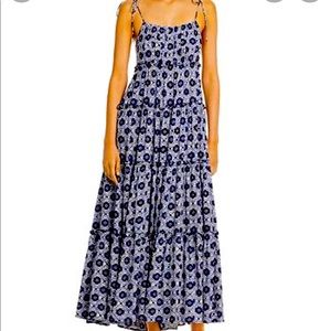Aqua (Bloomingdale’s) Navy Blue and White Batik Tiered Maxi Dress